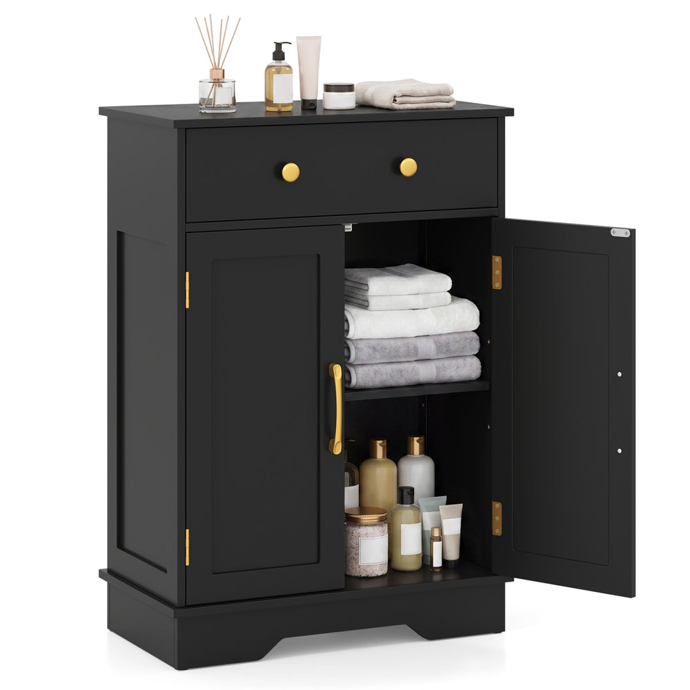 Black floor storage cabinet featuring a spacious countertop, drawer, and adjustable shelf for organized essentials.