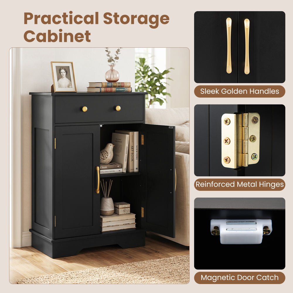 Black floor storage cabinet with sleek golden handles, adjustable shelf, and reinforced metal hinges for versatile organization.