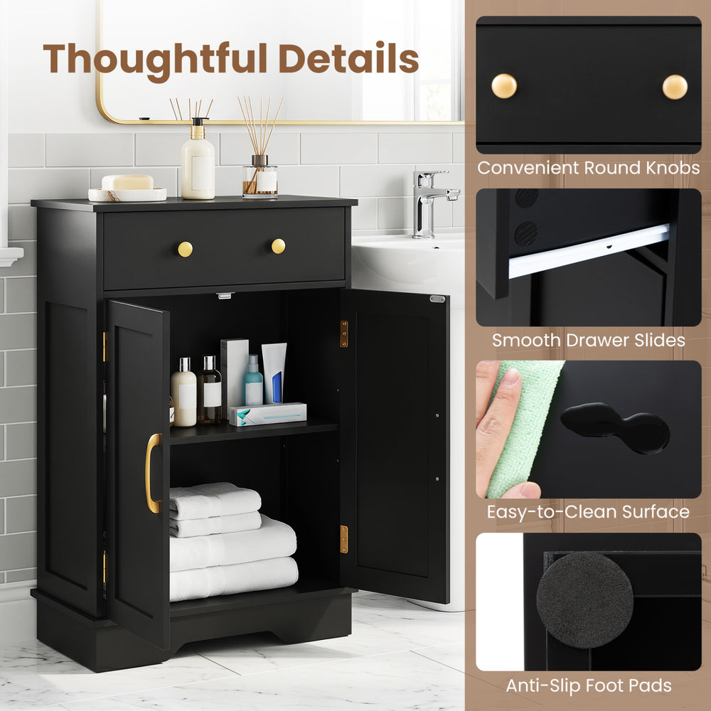 Black floor storage cabinet with doors, drawer, adjustable shelf, and gold handles for organized bathroom essentials.