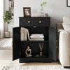 Black floor storage cabinet featuring a drawer, adjustable shelf, and two doors, ideal for organized living room or bathroom use.