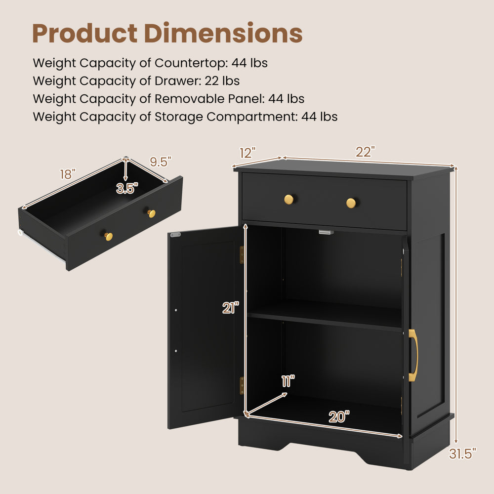 Floor storage cabinet in black with adjustable shelf, drawer, and doors, ideal for organized bathroom or living room use.