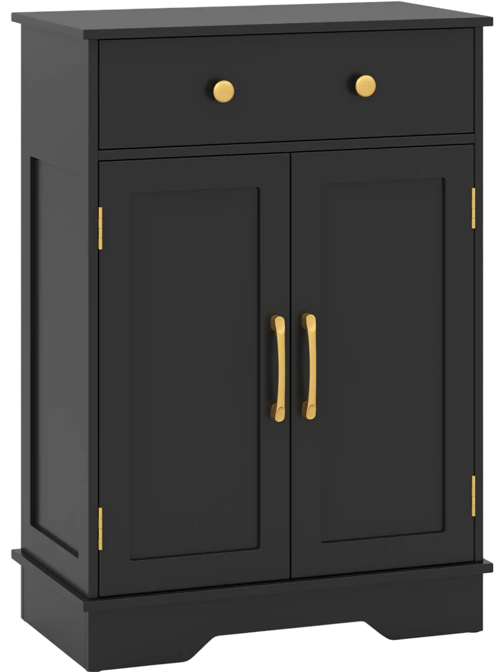 Black floor storage cabinet with doors, drawer, and adjustable shelf, ideal for organized bathroom or living room use.