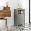Freestanding gray bathroom storage cabinet with adjustable shelf and ample space for towels and toiletries.