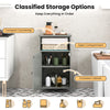 Gray freestanding adjustable shelf storage cabinet with open compartment and enclosed cabinet for bathroom organization.