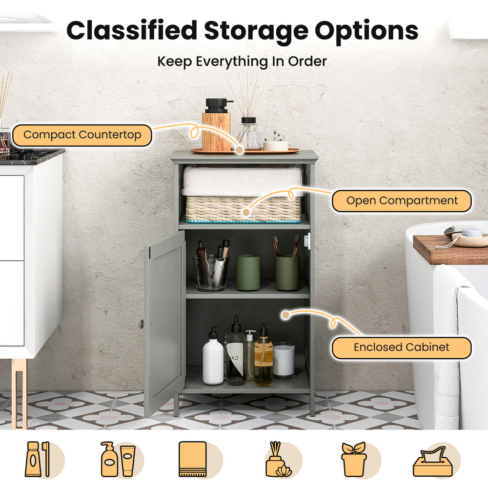 Gray freestanding adjustable shelf storage cabinet with open compartment and enclosed cabinet for bathroom organization.