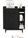 Black floor storage cabinet with 1 drawer and 3 open shelves, featuring rubberwood legs for stability and modern design.
