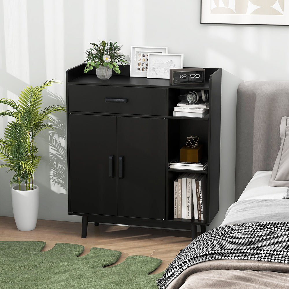 Black floor storage cabinet with 1 drawer and 3 open shelves, perfect for organizing and displaying items in any room.