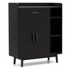 Black floor storage cabinet featuring 1 drawer, 2 doors, and 3 open shelves for versatile home organization.