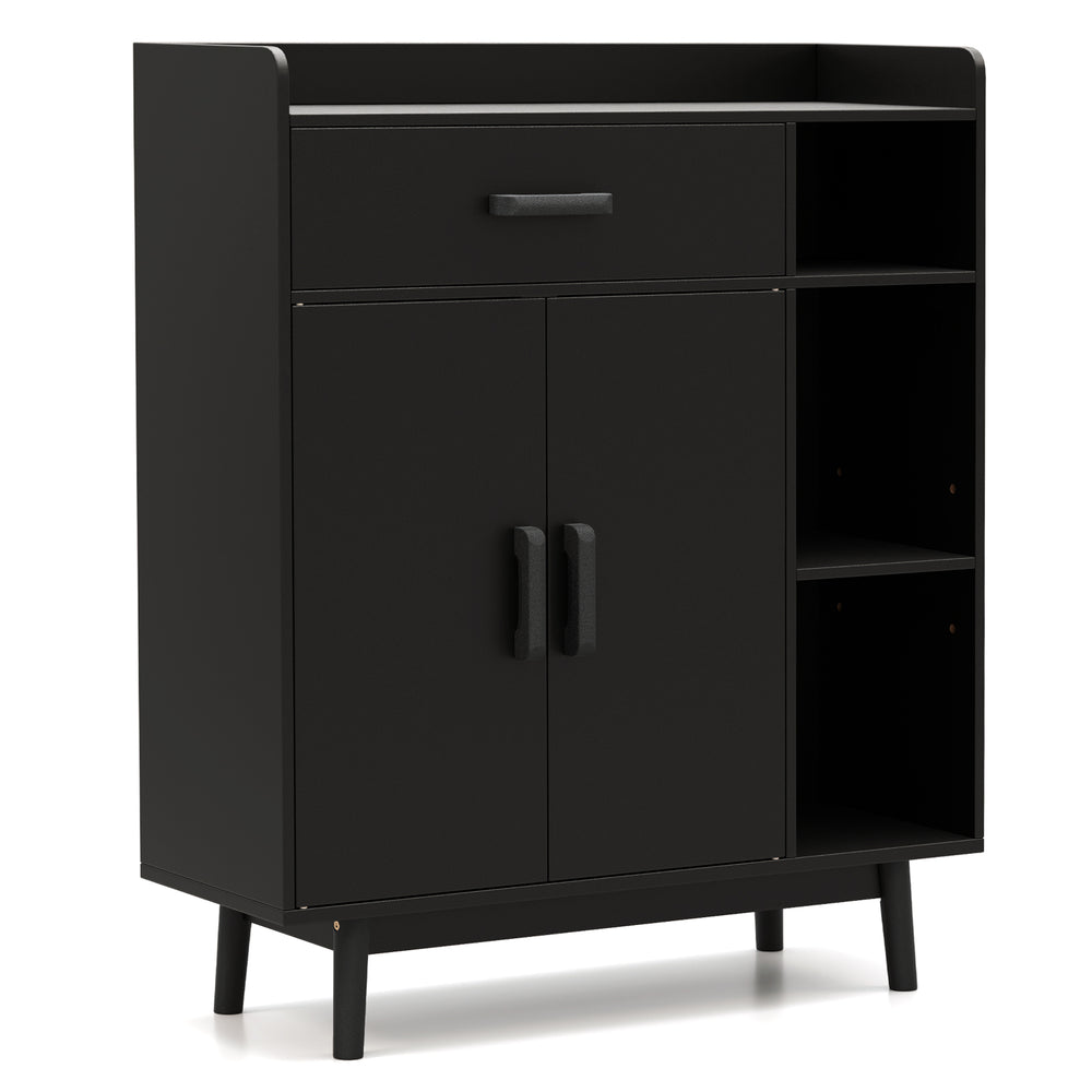 Black floor storage cabinet featuring 1 drawer, 2 doors, and 3 open shelves for versatile home organization.
