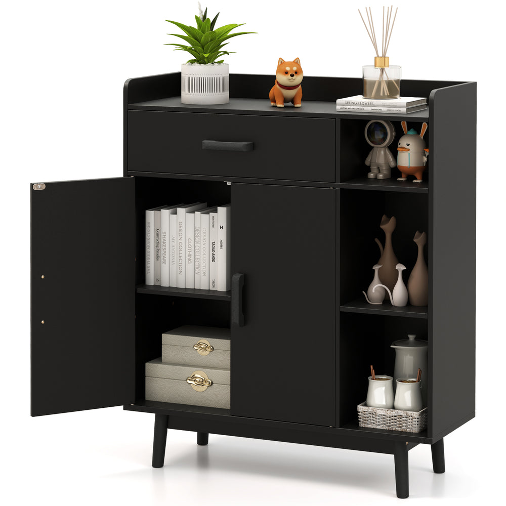 Black floor storage cabinet featuring 1 drawer, double-door cabinet, and 3 open shelves for versatile home organization.