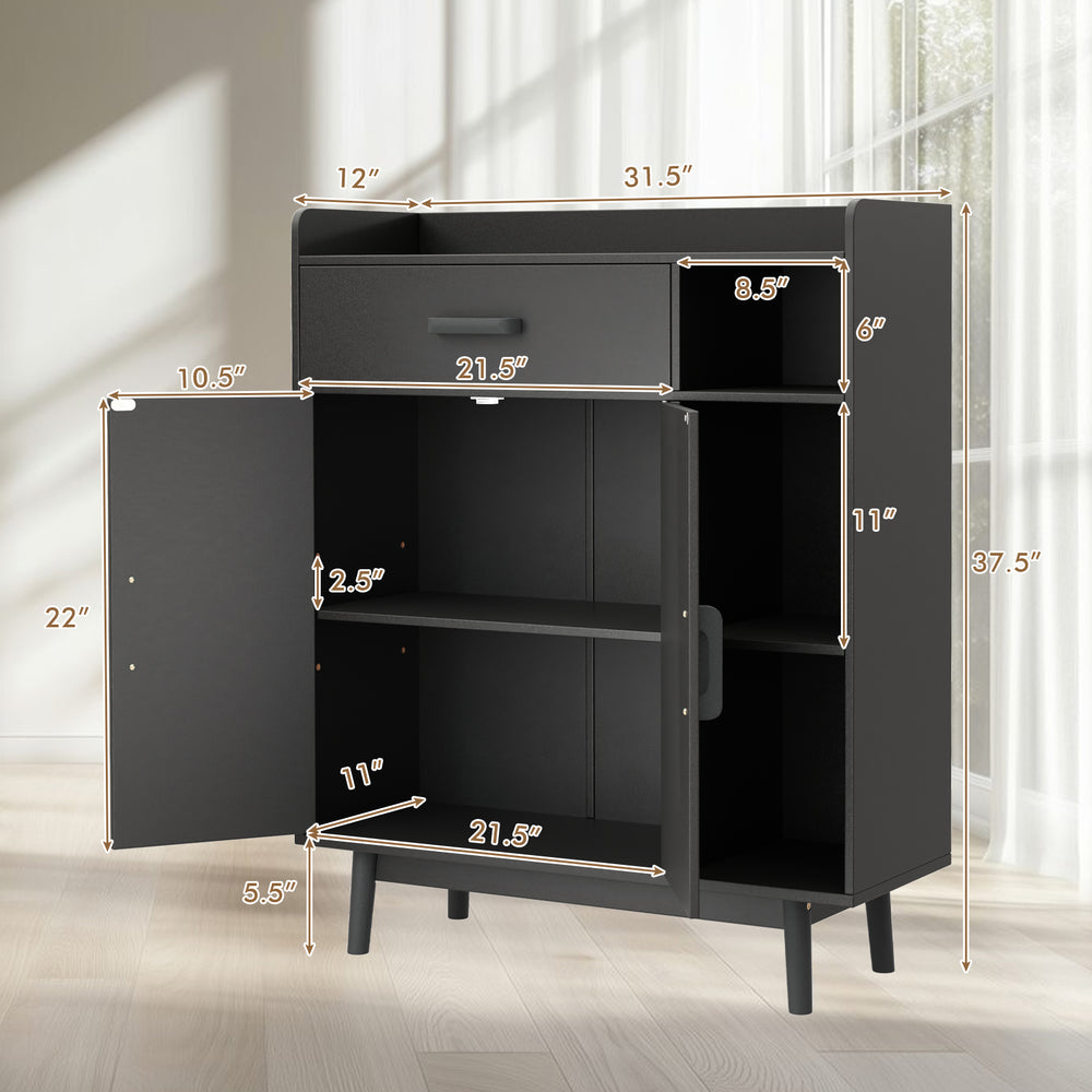 Black floor storage cabinet with one drawer, double-door cabinet, and three open shelves for versatile organization.