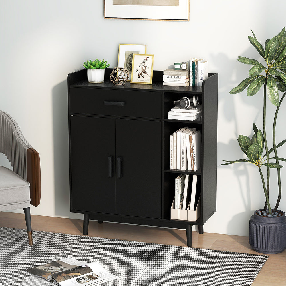 Black floor storage cabinet with a sleek design, featuring 1 spacious drawer and 3 side compartments for stylish.