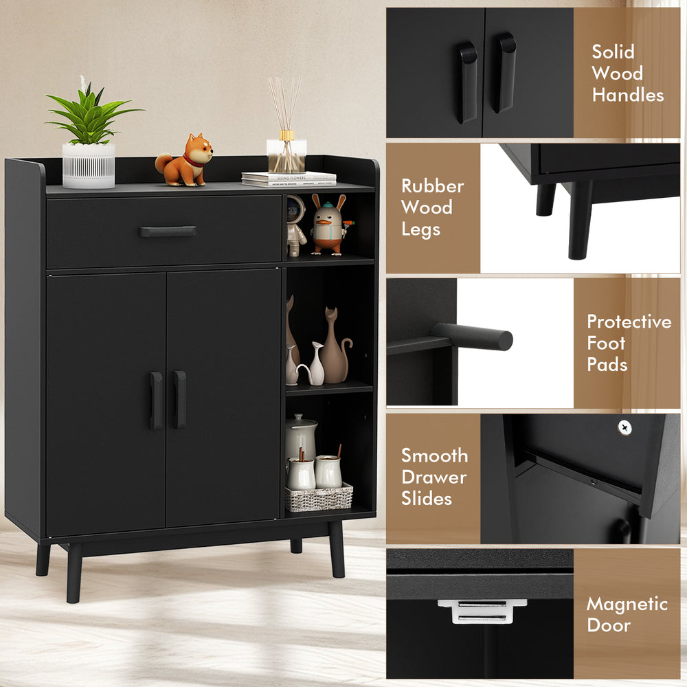 Black floor storage cabinet with rubberwood legs, featuring 1 drawer and 3 open shelves for versatile storage.