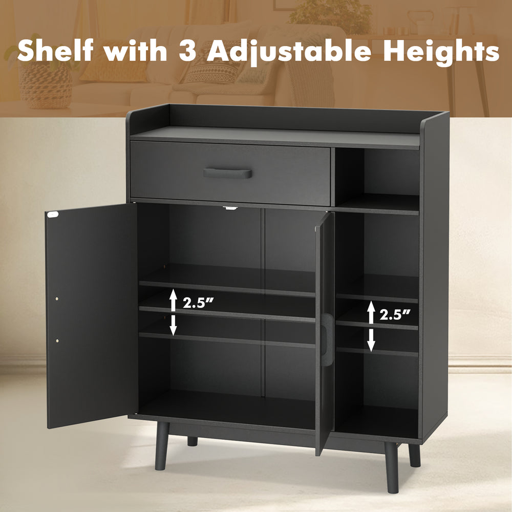 Black floor storage cabinet with 1 drawer and adjustable shelves, perfect for organizing books and decor in any room.