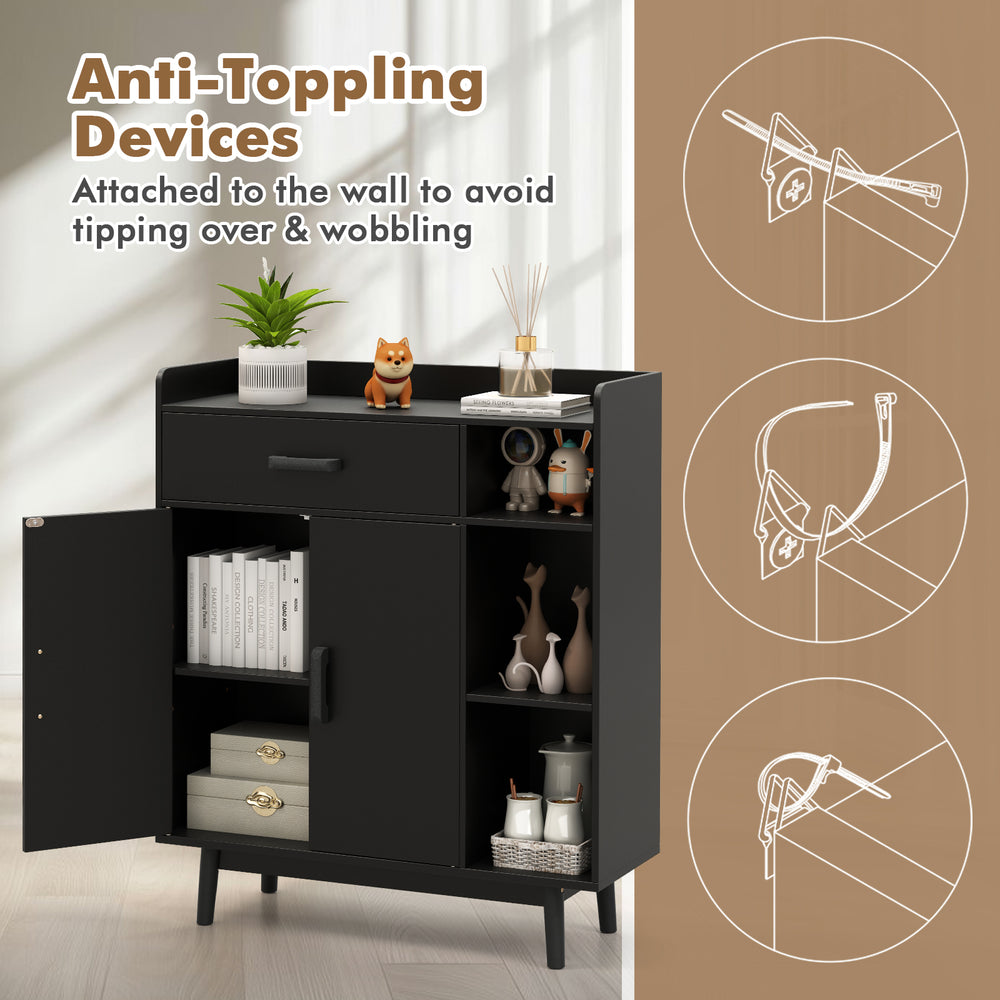 Floor storage cabinet in black with 1 drawer, 3 open shelves, and anti-toppling devices for stability and safety.