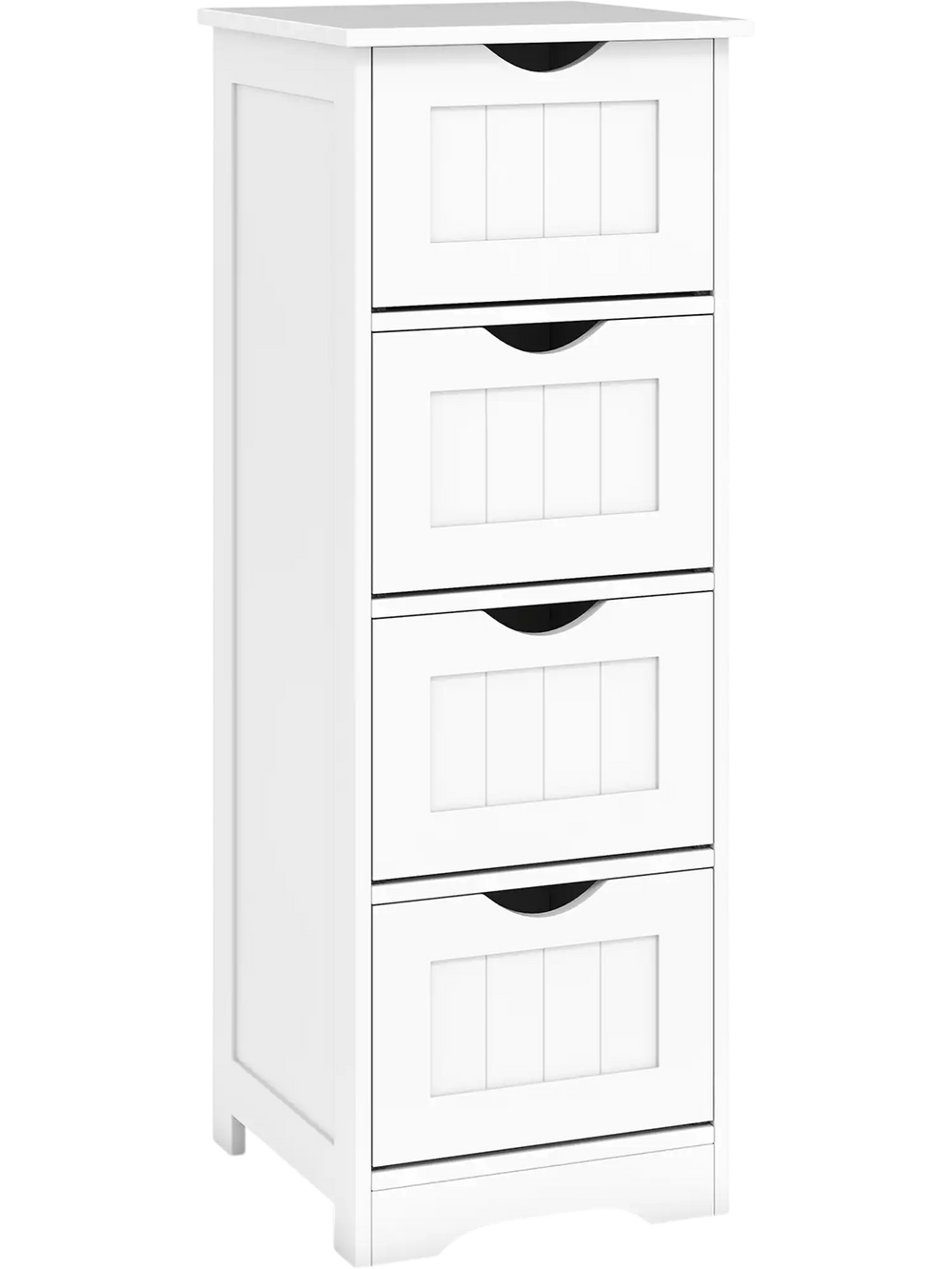 White wooden floor storage organizer with four drawers, cut-out handles, and narrow design for bathroom use.