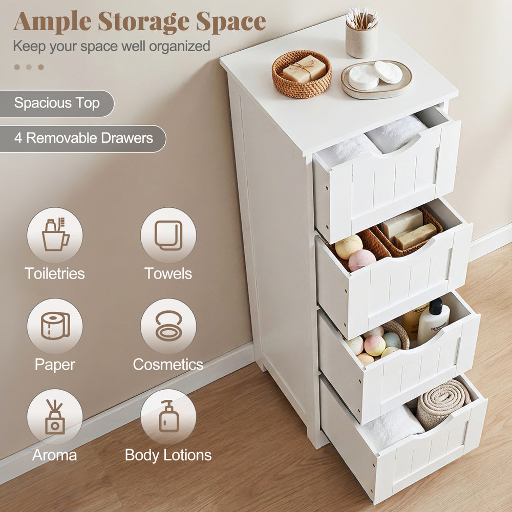 White wooden floor storage organizer with 4 removable drawers, ideal for bathroom essentials and narrow spaces.