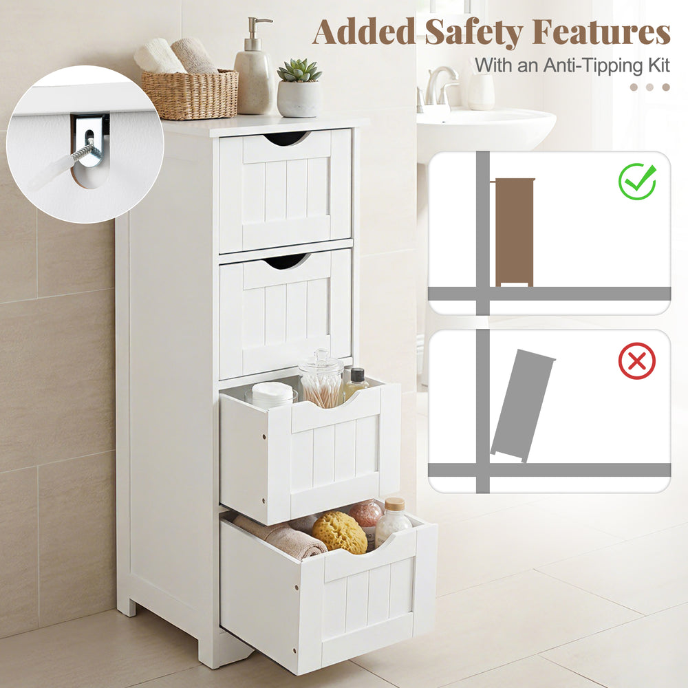 White wooden floor storage organizer with four drawers, anti-tipping kit, and narrow design for bathroom use.