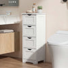 White wooden floor storage organizer with four drawers, designed for bathrooms, featuring a narrow profile and smooth.