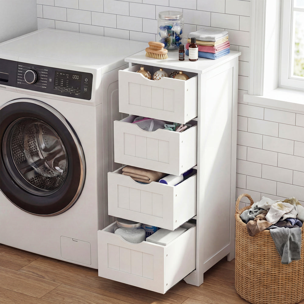 White wooden floor storage organizer with four drawers, ideal for bathrooms and narrow spaces, featuring cut-out.