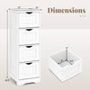 White wooden floor storage organizer with four drawers, dimensions shown, ideal for narrow spaces and easy cleaning.