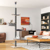 Floor to ceiling cat tree in gray with adjustable height, featuring a hammock and scratching post for playful cats.