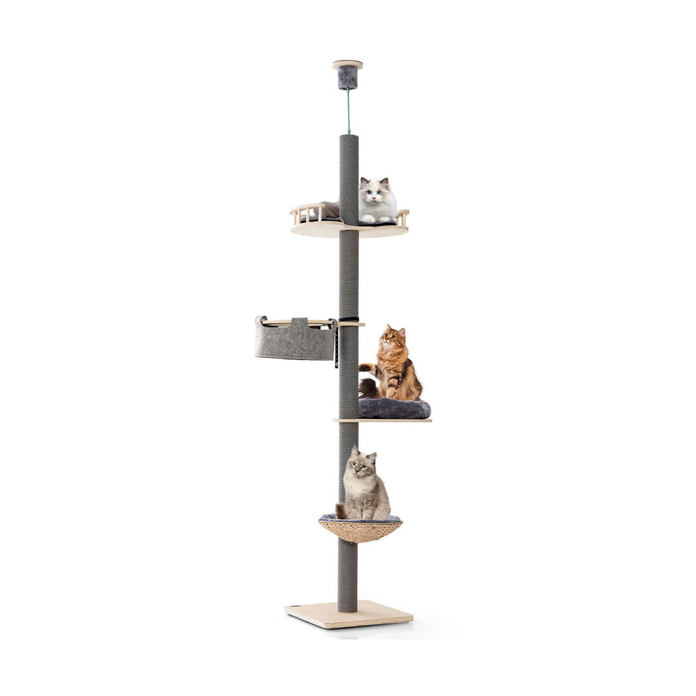 Tall gray floor-to-ceiling cat tree with adjustable height, featuring multiple platforms and a cozy hammock for.