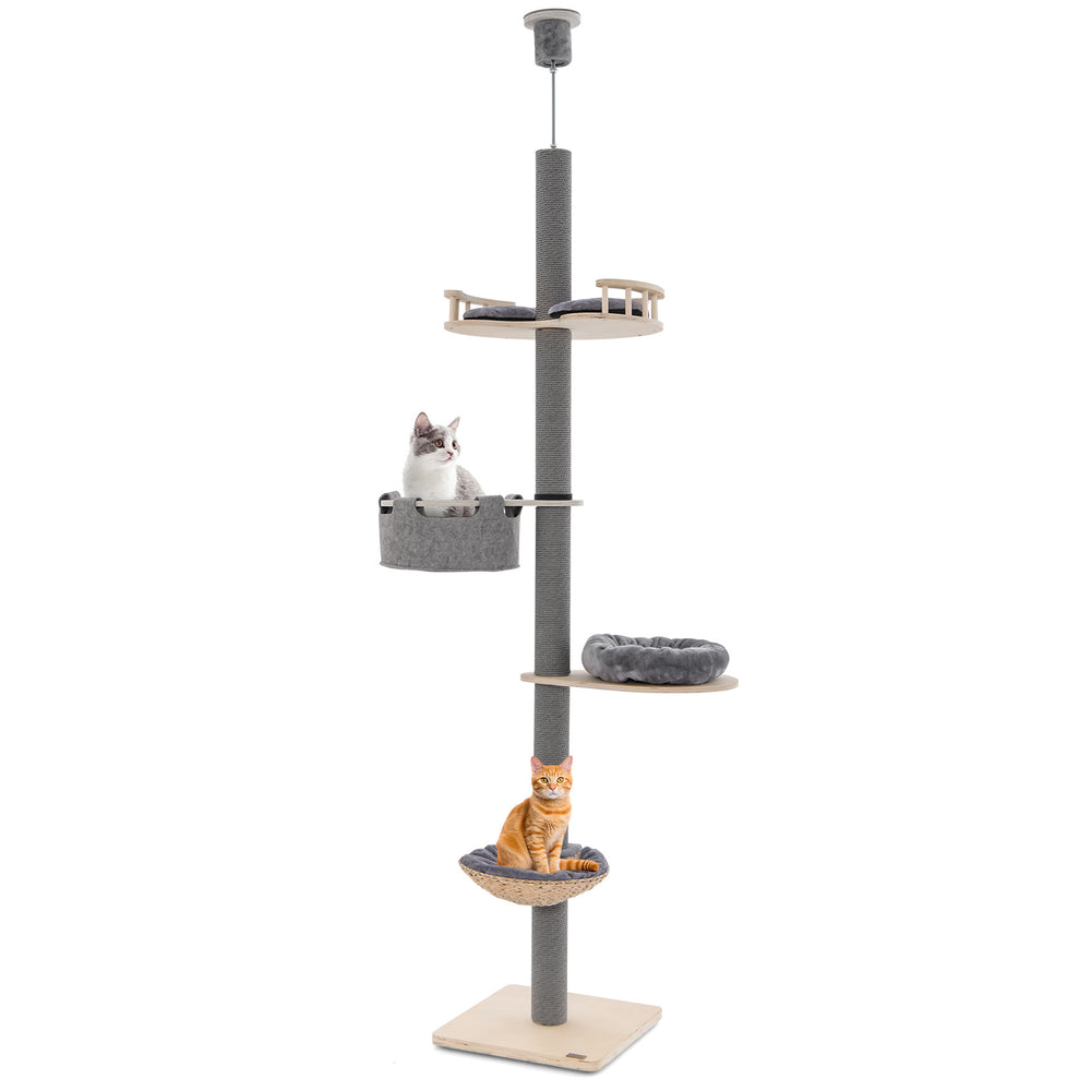 Tall gray floor-to-ceiling cat tree with adjustable height, featuring hammocks and platforms for climbing and lounging.