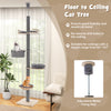 Floor to ceiling cat tree in gray with adjustable height, sturdy plywood frame, and cozy hammock for cats to lounge.