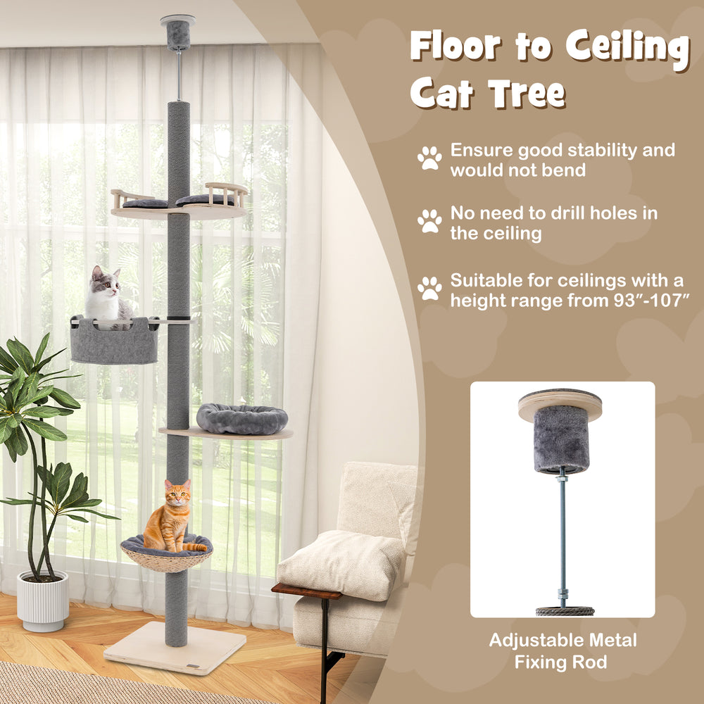Floor to ceiling cat tree in gray with adjustable height, sturdy plywood frame, and cozy hammock for cats to lounge.