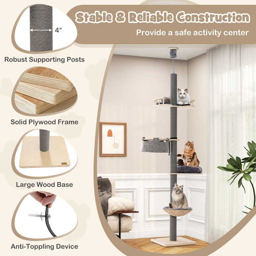 Floor to ceiling cat tree in gray with adjustable height, sturdy plywood frame, and cozy hammock for feline lounging.