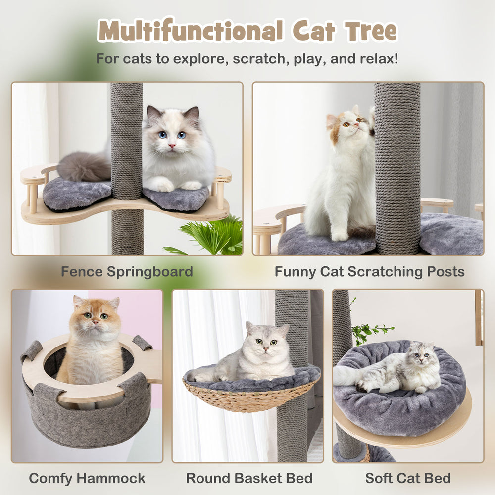 Multifunctional cat tree featuring a comfy hammock, scratching posts, and a fence springboard for active play and.