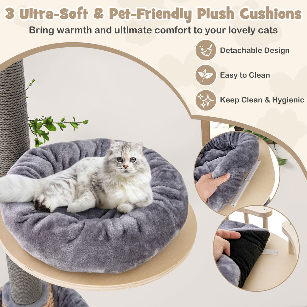 Cozy gray plush cushion on a cat tree, designed for comfort and easy cleaning, perfect for lounging cats.