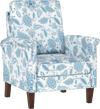 Floral accent chair in blue with solid wood legs, high back, and padded armrests for stylish farmhouse boho decor.