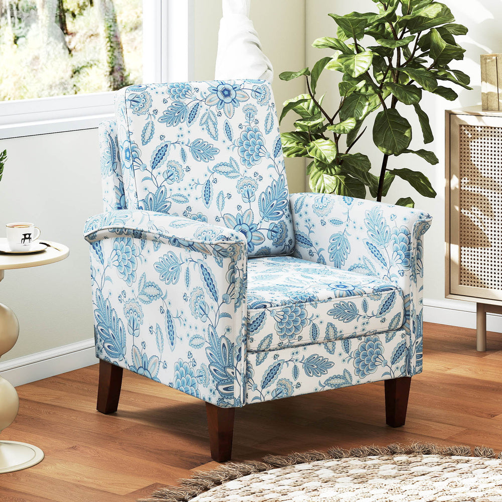 Floral accent chair with blue upholstery, solid wood legs, and ergonomic design for stylish comfort in any decor.