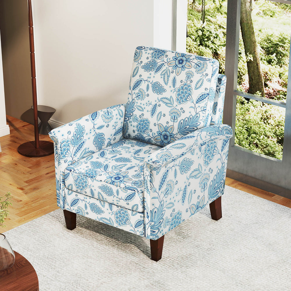 Floral Accent Chair Farmhouse Boho Armchair with Solid Wood Legs and High Back-Blue - Gallery View 1 of 9