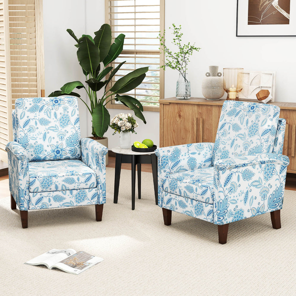 Floral accent chairs in blue upholstery with solid wood legs, perfect for farmhouse or boho decor in any living space.