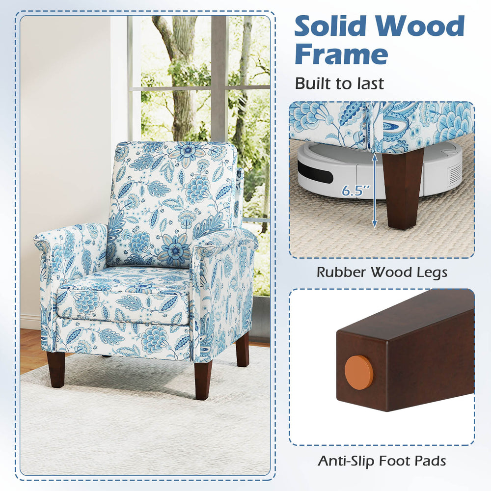Floral accent chair with solid wood legs, high back, and removable cushion cover, perfect for farmhouse or boho decor.