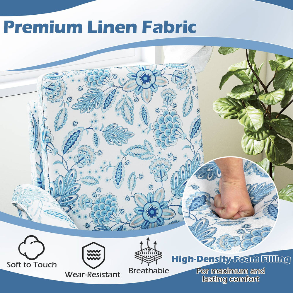 Floral accent chair in blue with premium linen fabric, high back, and solid wood legs for stylish comfort in any decor.