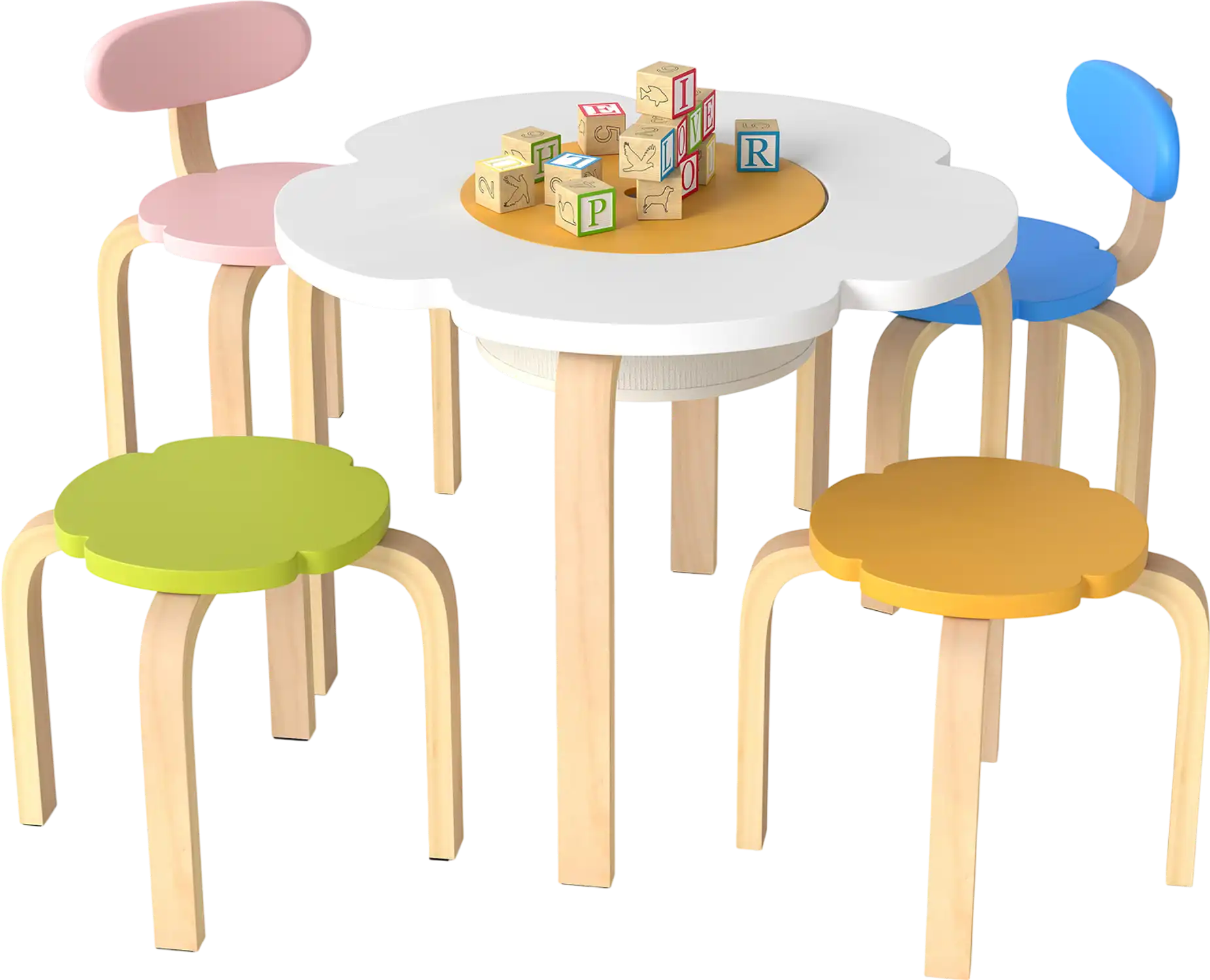 Costway Flower-Shaped Kids Wooden Play Activity Table Set w/ 2 Chairs & Stools 84231076 New