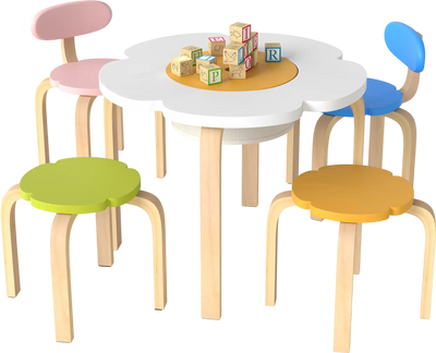 Costway Flower-Shaped Kids Wooden Play Activity Table Set w/ 2 Chairs & Stools 84231076 New