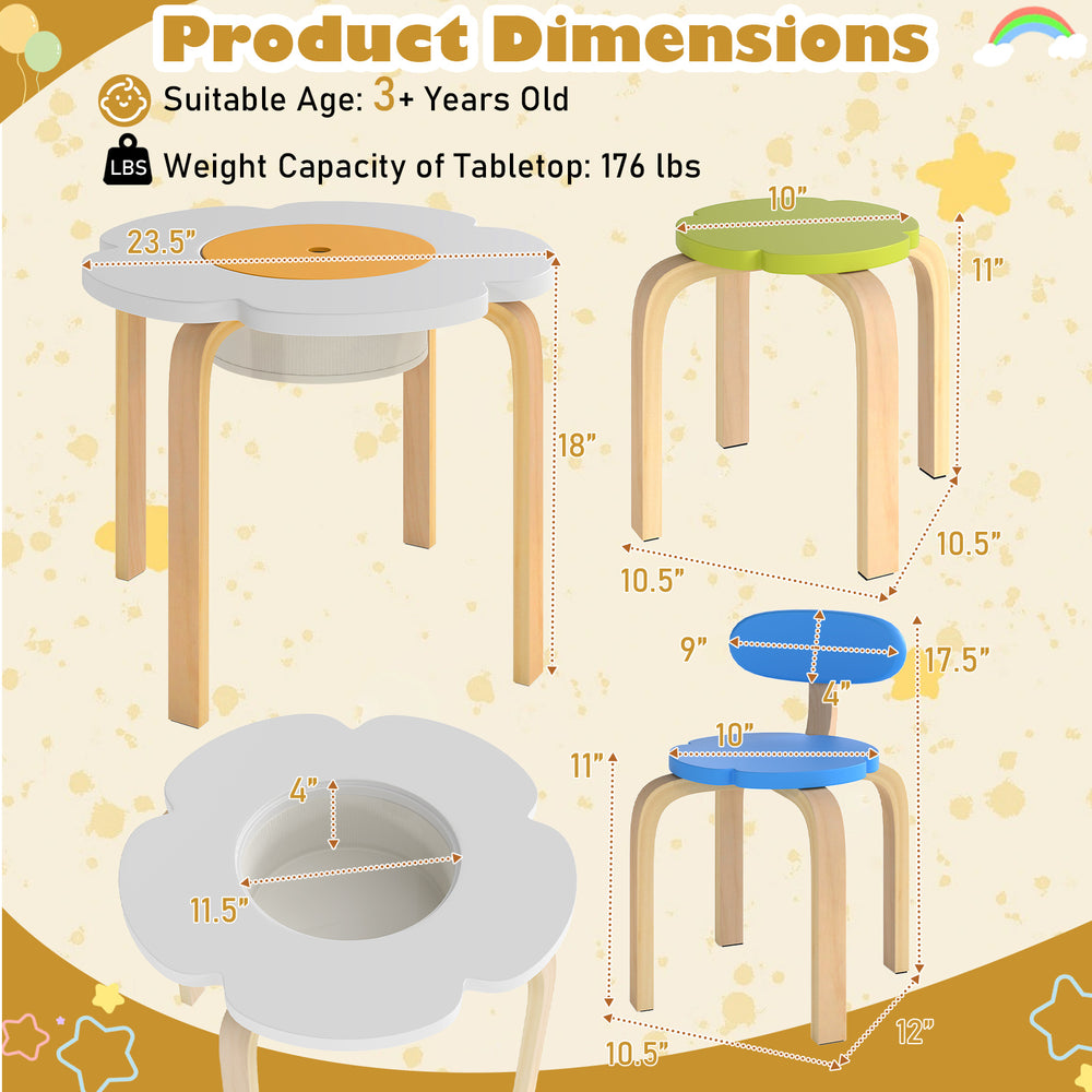 Flower-shaped children's table set with colorful chairs, ideal for playrooms, featuring storage and ergonomic design.