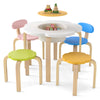 Flower-shaped wooden play table set with colorful chairs and stools, ideal for kids' activities in playrooms or.