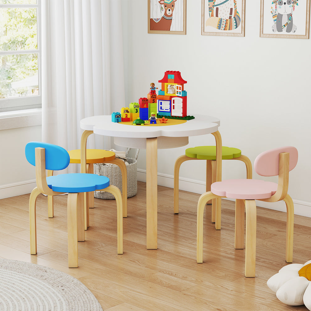 Flower-shaped children table set with colorful chairs, perfect for playrooms and safe for kids aged 3 and up.