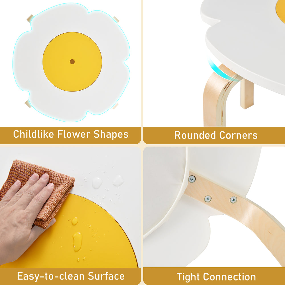 Flower-shaped children's table with rounded corners, easy-to-clean surface, and ergonomic design for playrooms and.