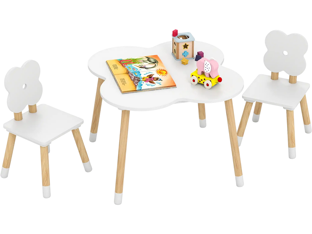 Flower-shaped kids table set with solid pine wood legs, ideal for playrooms and kindergartens, featuring cozy seating.
