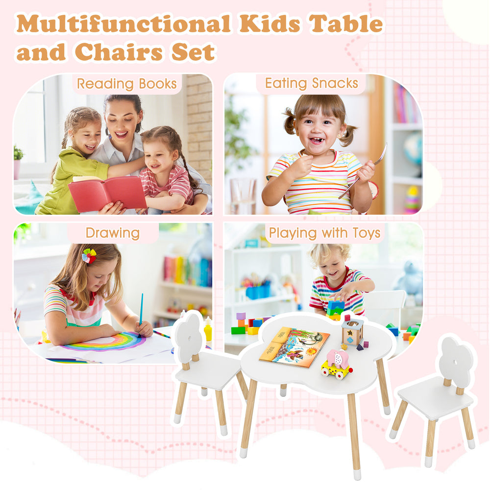 Flower-shaped kids table set with solid pine wood legs, perfect for eating, studying, and playing in playrooms.