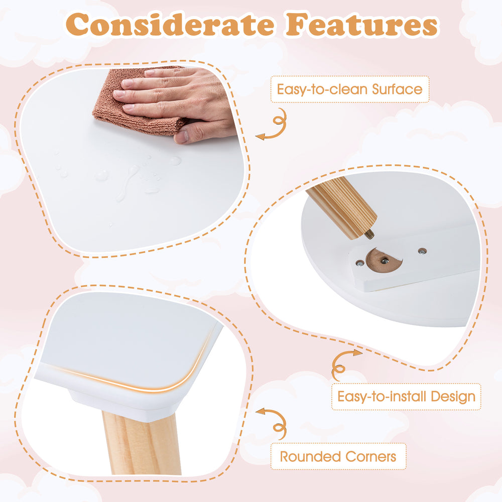 Flower-shaped kids table set with solid pine wood legs, featuring easy-to-clean surface and rounded corners for safety.