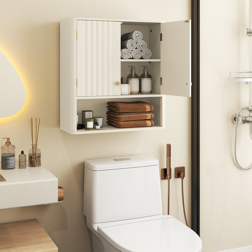 Fluted bathroom wall cabinet in beige with open shelf, adjustable storage, and elegant gold knobs for stylish.
