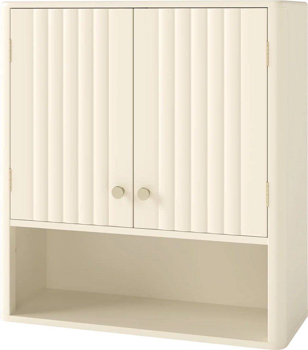 Fluted bathroom wall cabinet in beige with open shelf, adjustable shelf, and elegant gold knobs for stylish storage.